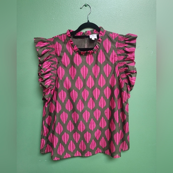 j. marie Tops - J.Marie Pink & Olive Print Ruffle Sleeve Blouse | Flutter Sleeve Top